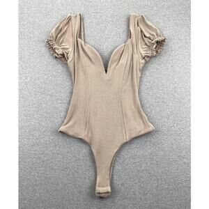 Lulus Ribbed Knit Puff-Sleeve Bodysuit Size S Taupe Brown Plunge Neckline